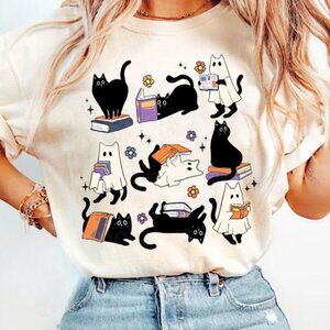 Halloween Cat Tee, Cat And Book Tee